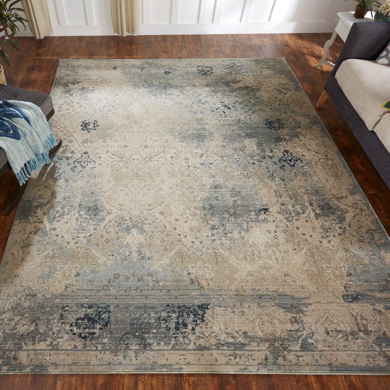 Tedesco Abstract Area Rug in Ivory/Blue, Square 6'