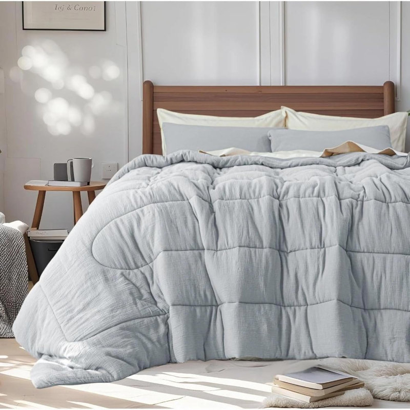 100% Cotton Muslin Comforter Set Washed Cotton Gauze Comforter, King Comforter + 2 King Pillowcases, Light Blue
