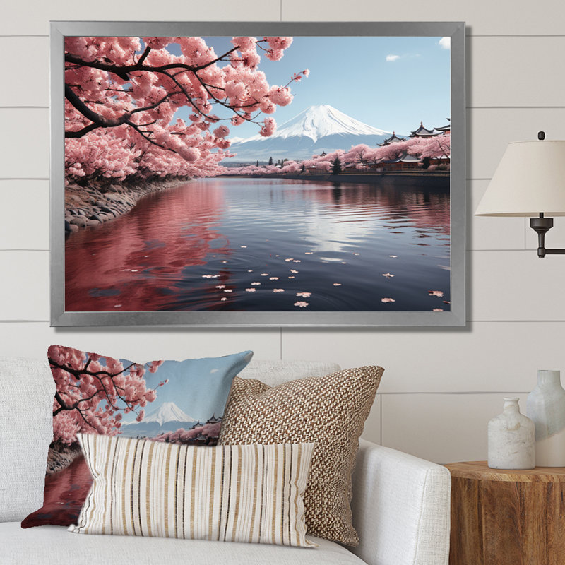 Japon Art Pink Mount Fuji V - Japan Art Canvas Prints, H 34 po x l 44 po x P 1,5 po, Cadre simple argenté