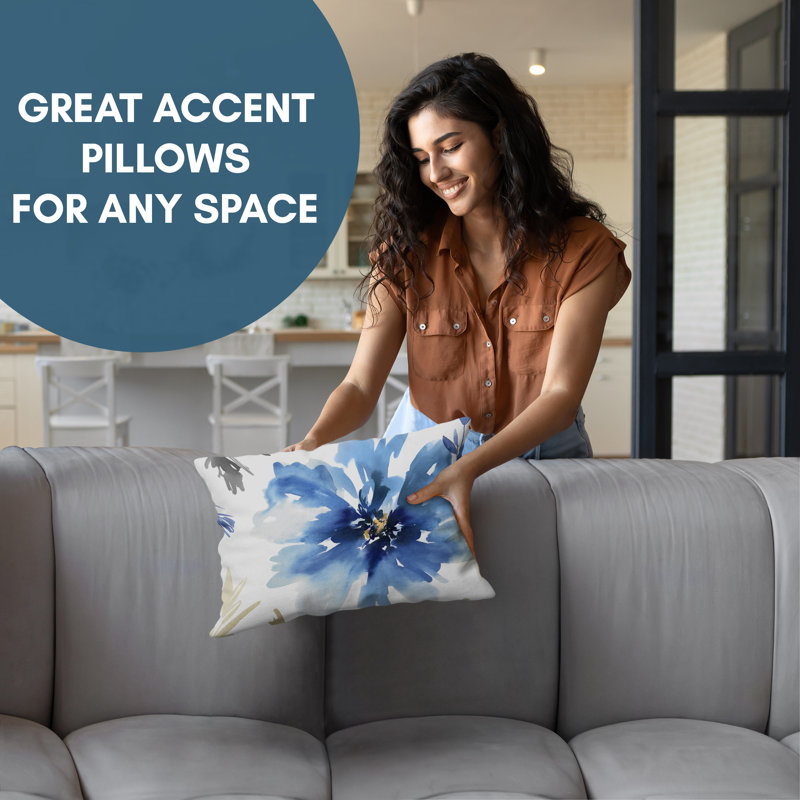 Coussin floral avec polyester de qualité supérieure, Blanc / Indigo, Rectangle H 20 po x l 14 po