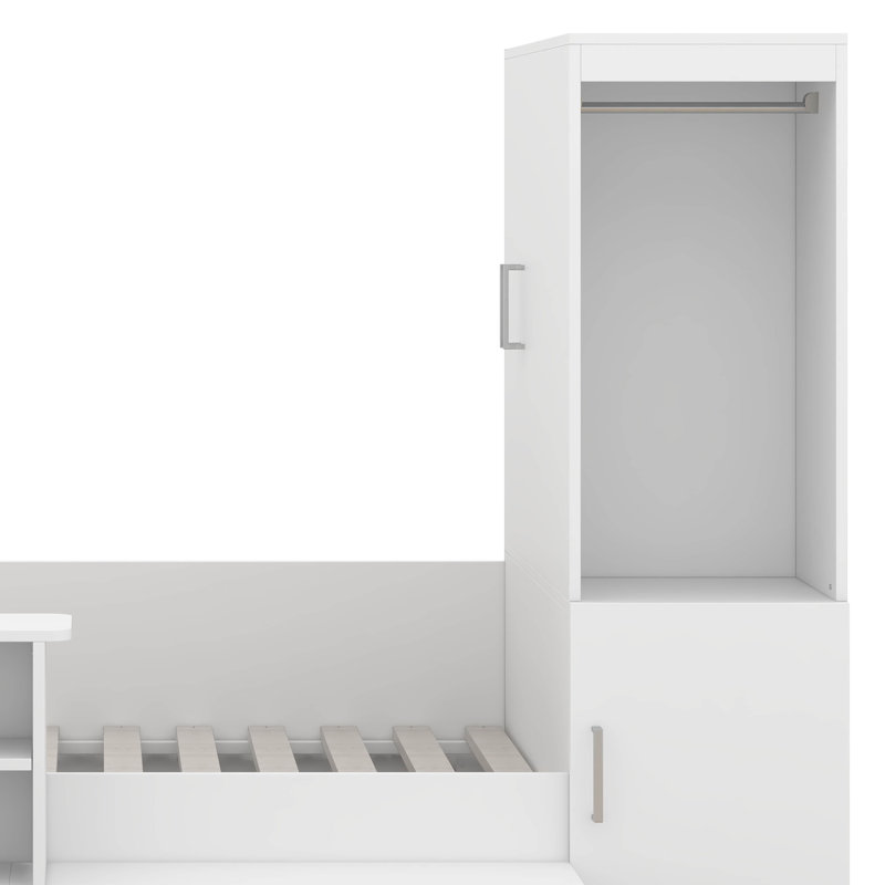 Lit plateforme double avec 6 tiroirs de rangement, lit de jour en bois avec bureau, draps et garde-robe, Blanc