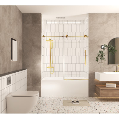 Shower Door With 56 - 60" Width And Height, 1/4"  6 Mm  Clear Tempered Glass, Proof Film, Brushed Gold Finish, Stainless Steel Handle, American Style For Bathroom, Smooth Long Lasting Sliding On