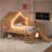 Full  Size House Loft Bed with Slide, Star & Moon Playhouse, LED Lights, Window, Pine Wood, No Box Spring,Natural-852544190-852544184