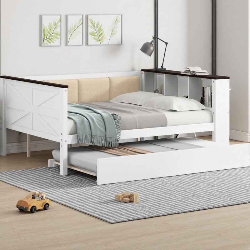 Wood Daybed with Trundle and Storage Shelves, Upholstered Backrest with USB Charging Station, White Solid Pine Frame for Bedroom, Guest Room or Office, No Box Spring Needed