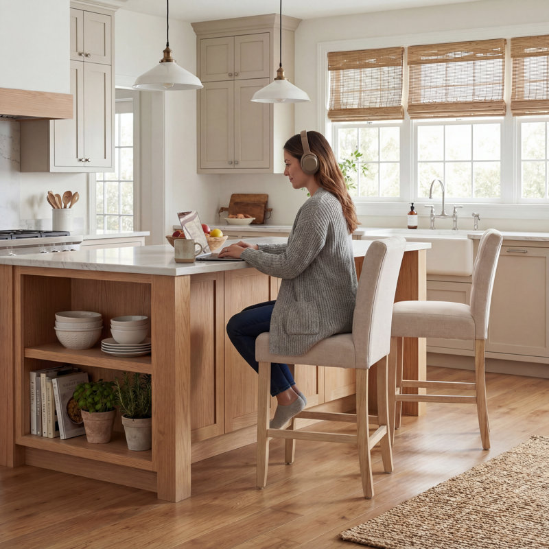 Modern Bar Stools for Kitchen Counter, Light Beige Fabric Seat with Natural Wood Legs, Comfortable Counter Height Stool