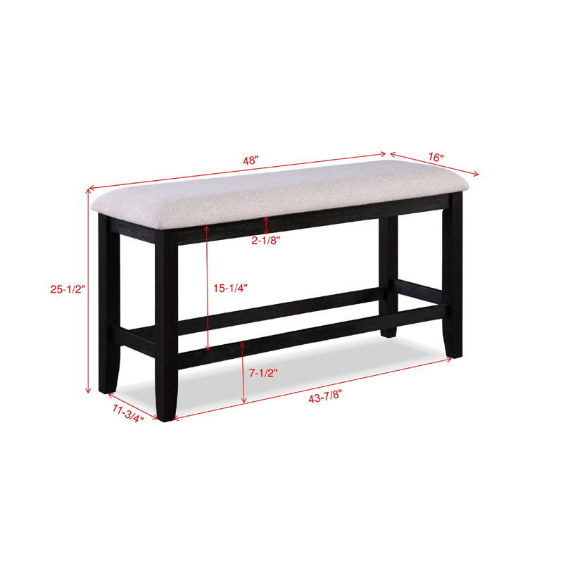 Counter Height Dining Bench - Vintage Style, Charcoal Black, Solid Wood, Grey Upholstery, 48" X 16" 25", Rectangular Finish Cushion Seatback,