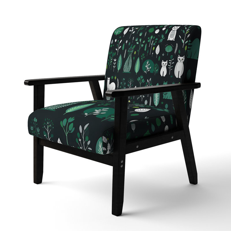 Minimalist Forest Animal Pattern - Upholstered Casual Accent Arm Chair, Green/White, Black