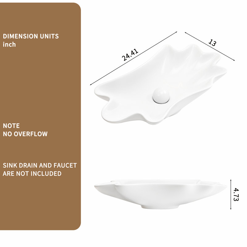 Lavabo vasque de salle de bain en forme de coquille de 24 po x 13 po, céramique à cuisson élevée, facile à nettoyer, assemblage de drain préinstallé de conception américaine, glacis de qualité, sans robinet percé