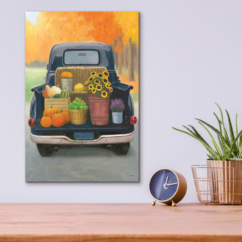 Art mural en verre acrylique 12 po x 16 po «Fall Bounty 3 Truck Navy» par James Wiens