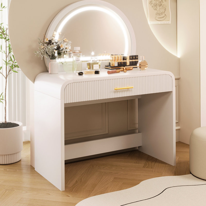 Meuble-lavabo pour chambre à coucher 39 "avec miroir et tiroir éclairés, blanc. Coins courbés. Rangement suffisant pour les essentiels de beauté. Et confortable. Facile à assembler