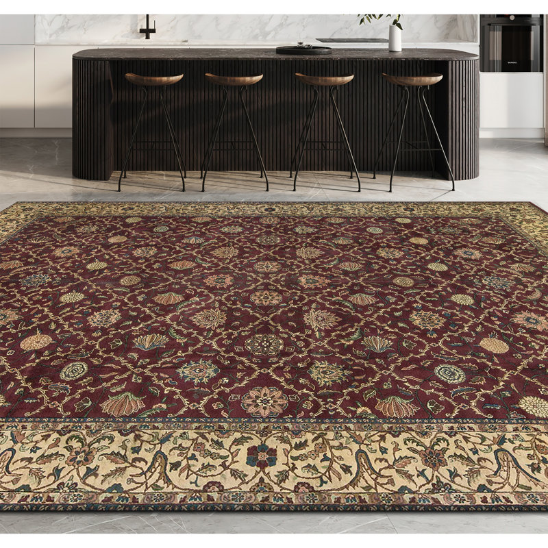 Tapis rouge et ivoire noué à la main de haute qualité