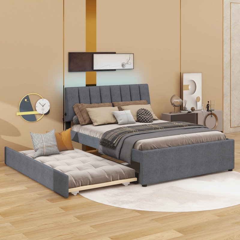 Lit plateforme tapissier Teddy, Gris, Lit double