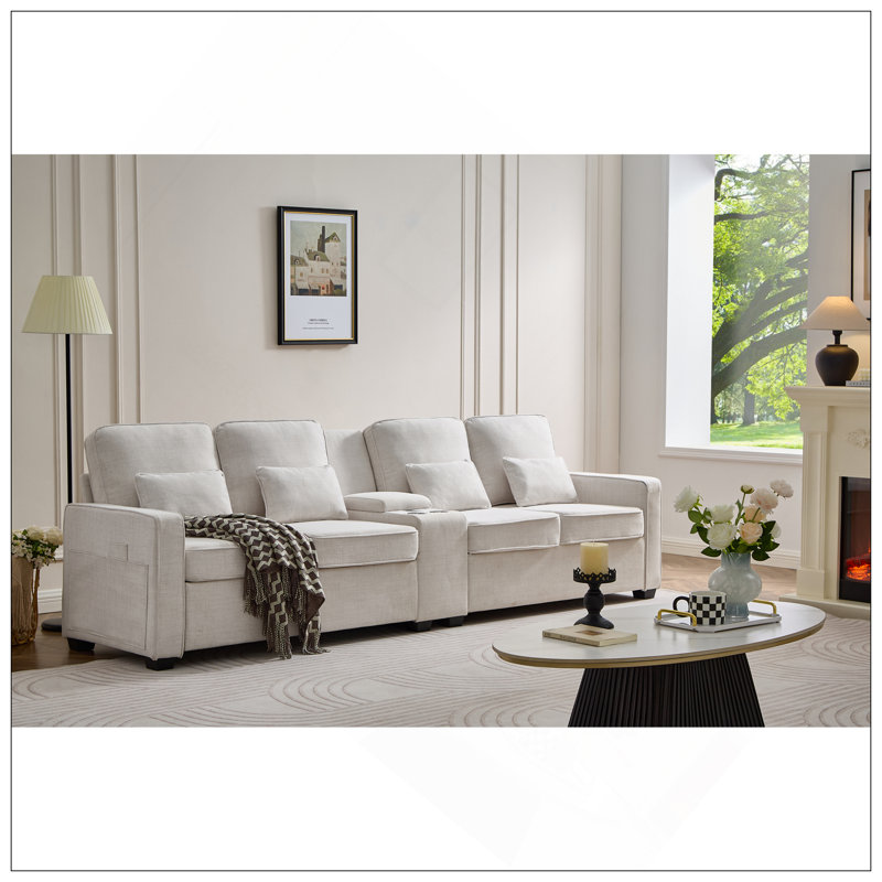 Canapé de 114 po avec console, 2 porte-gobelets et 3 ports USB câblés, canapé en tissu de lin moderne avec 4 coussins pour le salon, un appartement (4 places)