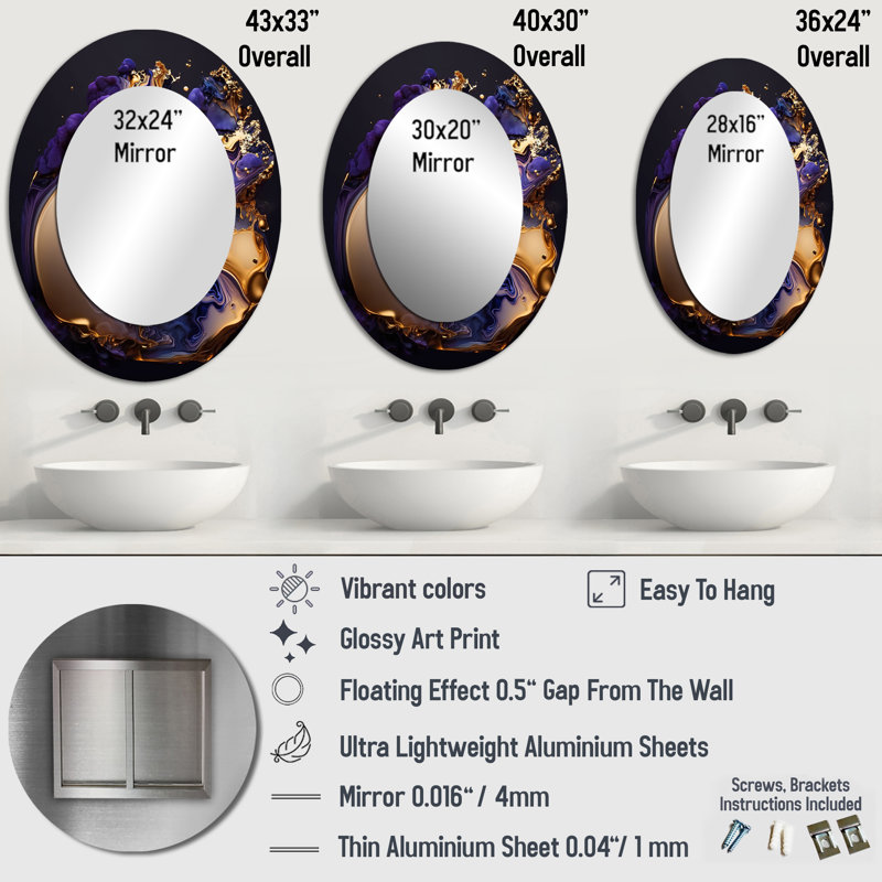 Abstract Marble Geode Purple II - Liquid Ink Round Mirror Wall Decor_MTMIR58590, 43" x 33", Oval