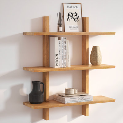 Shouji 3-Tiered Solid Wood Floating Shelves with Reversible Bevel Edge, Hidden Hardwares, 15-min Quick Assembly