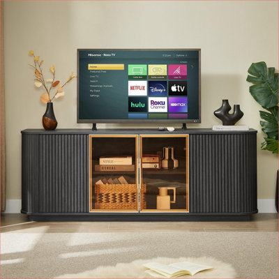 Cabinets | 64-Inch Wavy Multi-Use Storage Cabinet | LED Lights | Tempered Glass Doors | 64"W x 15"D x 24"H | Contemporary | Particle Board+MDF