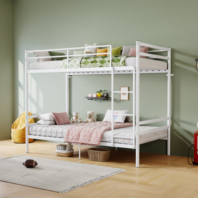 Lits jumeaux convertibles, cadre en métal blanc avec échelle, solution moderne et peu encombrante