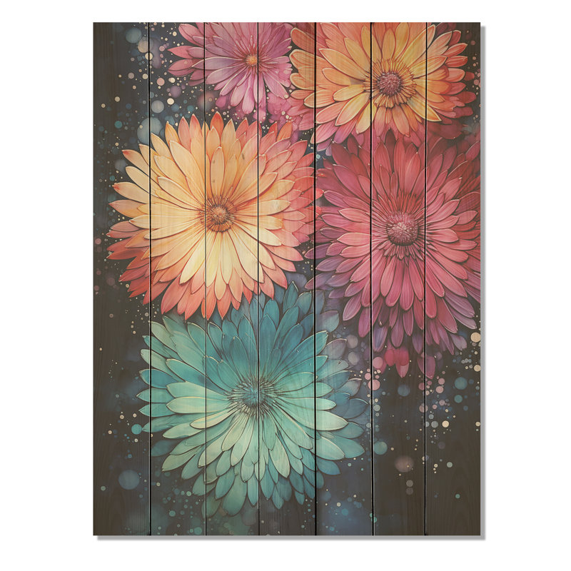 Feux d'artifice colorés III - Botaniques sur bois, H 20 po x l 10 po
