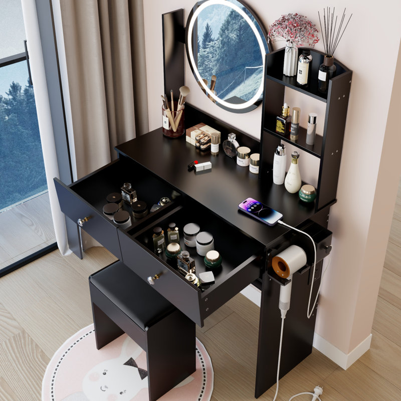 American Design 17" Led Vanity Table With Cushioned Stool, 3 Colors Adjustable Brightness Mirror , Built - In 2 Ac + Power Ports, Big Mirror, Touch Switch, Multi Layer Storage, Construction, 46.5