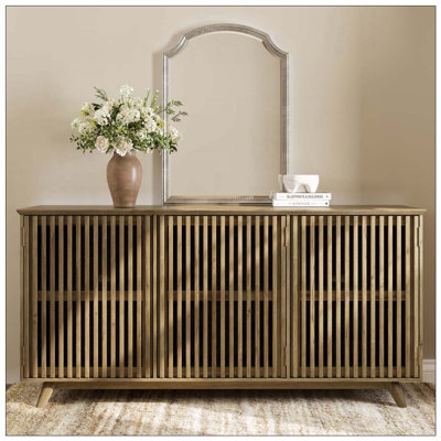 Meuble télé 58,86 po en bois de pin massif sans nœuds, armoire de rangement moderne Mid-Century avec portes sans poignée et tablette réglable, centre de divertissement