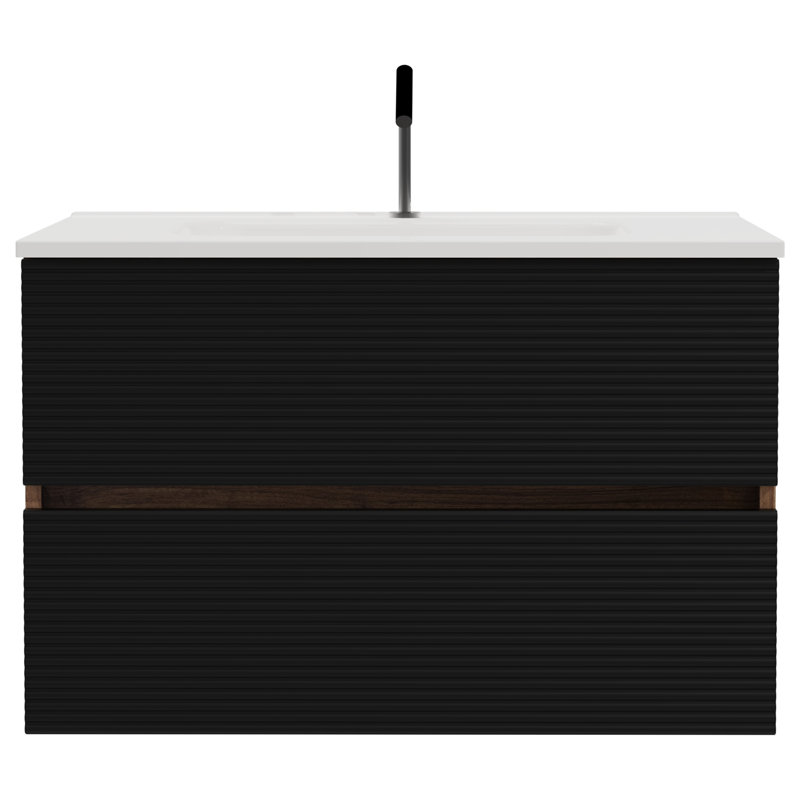 Meuble-lavabo mural avec lavabo en céramique intégré avec trop-plein, meuble-lavabo, Noir / brun