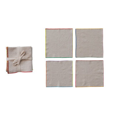 Multicolore 4 serviettes de cocktail en coton tissé avec bordure de couleur