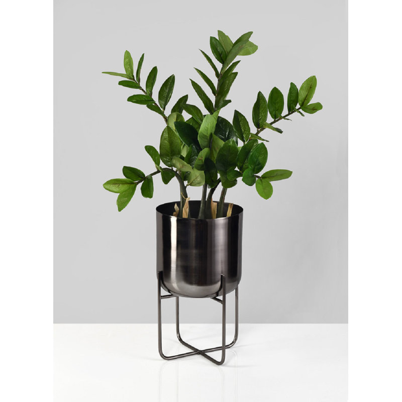 Short Black Nickel Planter With Detachable Metal Stand, 12.75" H x 7.5" W x 7.5" D