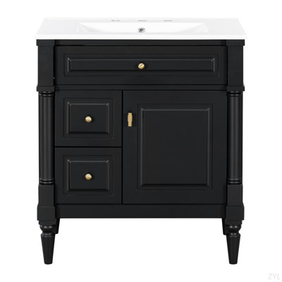 Meuble-lavabo de 30 po avec lavabo, armoire de salle de bain autoportante noire avec tiroir rabattable et tablette réglable, structure en bois d'hévéa massif, panneaux de fibres à densité moyenne et poignées en métal