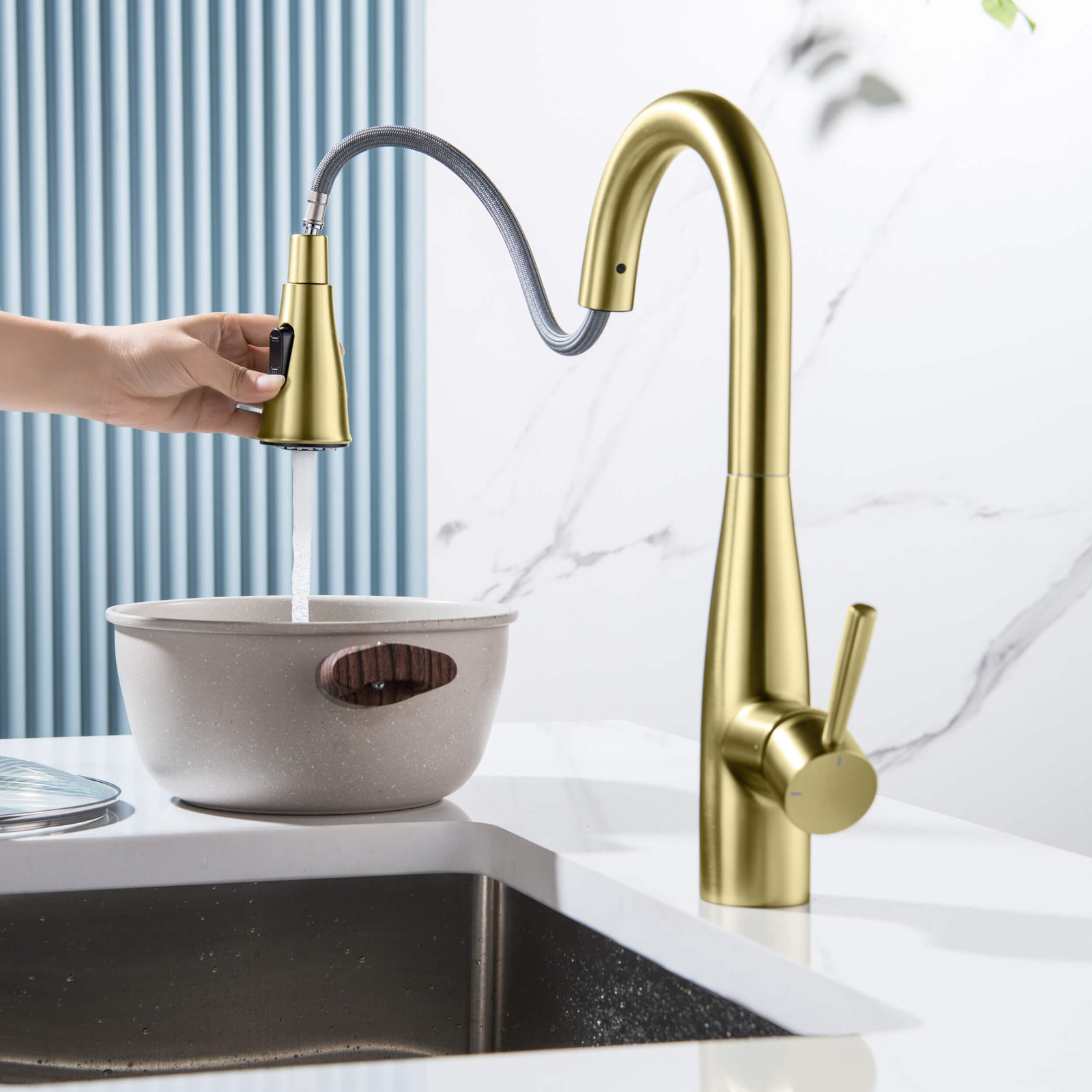 Bari Pull-Down Faucet with Soap Dispenser, Brushed Gold