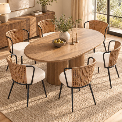 Modern Boucle Upholstered Dining Chairs with PE Rattan Wingback, Mid-Century Side Chairs with Metal Legs, Set of 6