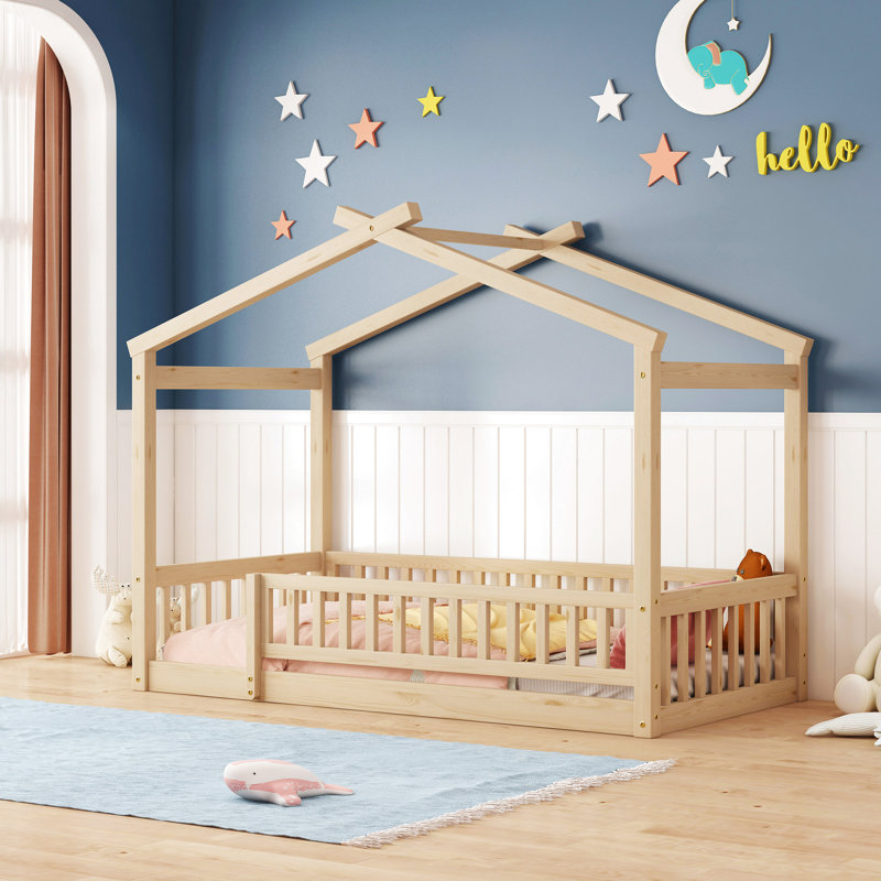 Lit simple «House House - Structure en bois naturel avec clôture et aire de repos confortable, Lit simple, Naturel