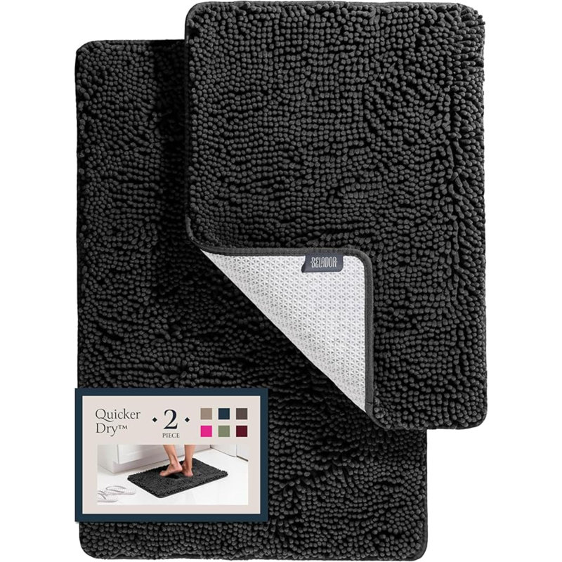 Ensemble de tapis de bain moelleux - 2 tapis de salle de bain en chenille à séchage rapide avec envers en caoutchouc, absorbant et lavable - 24 x 17 + 30 x 20
