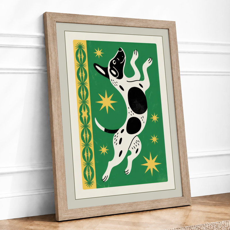 Leaping Cow In Green Geometric - Print, A1 - 84.1 x 59.4 cm, Oak
