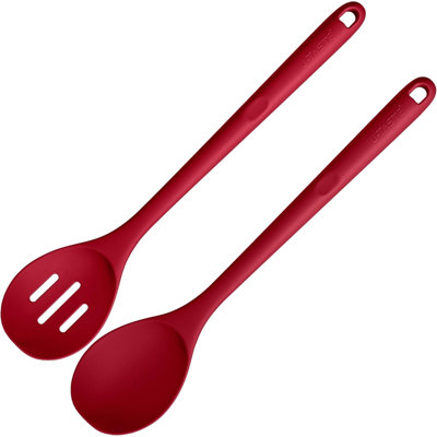 600°F Heat Resistant Silicone Spoons: U-Taste 13.3in Solid & Slotted Kitchen Cooking Spoon, Nonstick Long Rubber Utensil, Sturdy for Mixing, Serving, Stirring, Frying, Draining (Red, 2PCS)