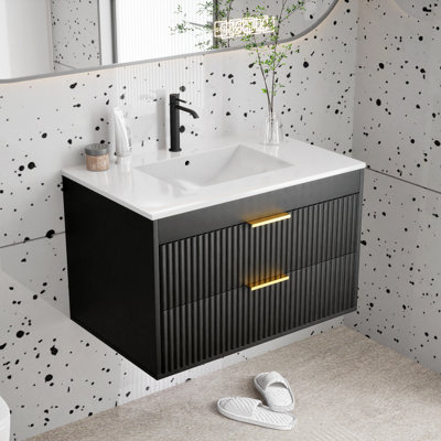 30 Inch Wall Mounted Single Bathroom Vanity With Ceramic Sink Top, Black Floating Cabinet With 2 Drawers