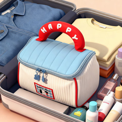 Une trousse de maquillage de grande capacité avec une forme mignonne et amusante, une trousse de toilette portable et un sac de rangement pour cosmétiques Zoné (rouge, blanc et bleu)