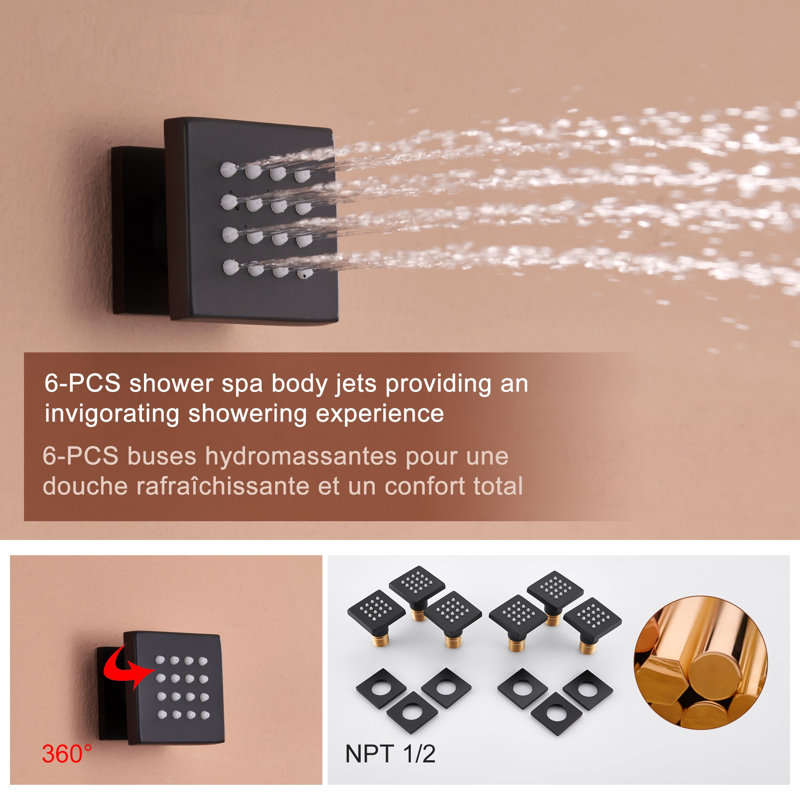 Herathena 3 Functions Ceiling Mounted Luxury Shower System with 6 Body Jets (Rough-in Valve Included), Matte Black