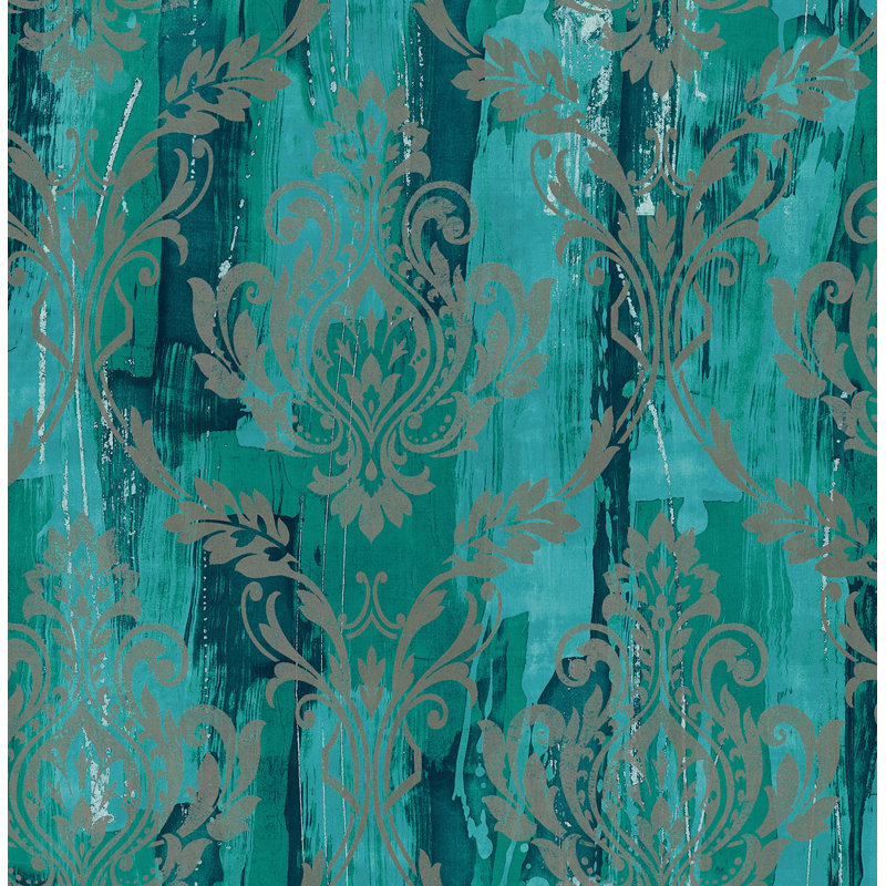  Papier peint à motif damas sarcelle et argent métallique Kemper Designs, Bleu sarcelle et argent métallique