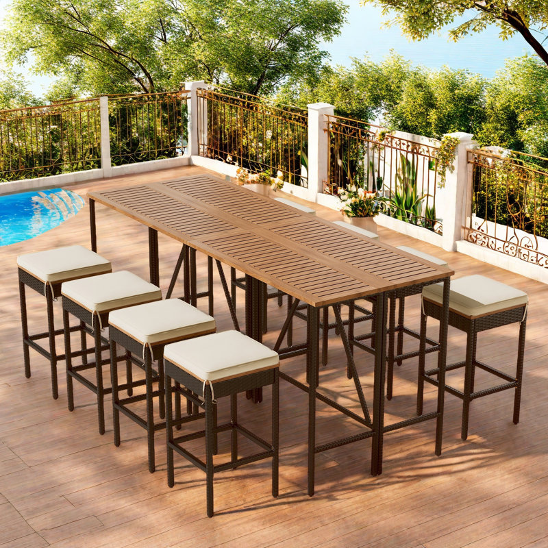 10-piece Outdoor Dining Table Sets Included 2 Foldable Tables And Eight Stools With Cushions