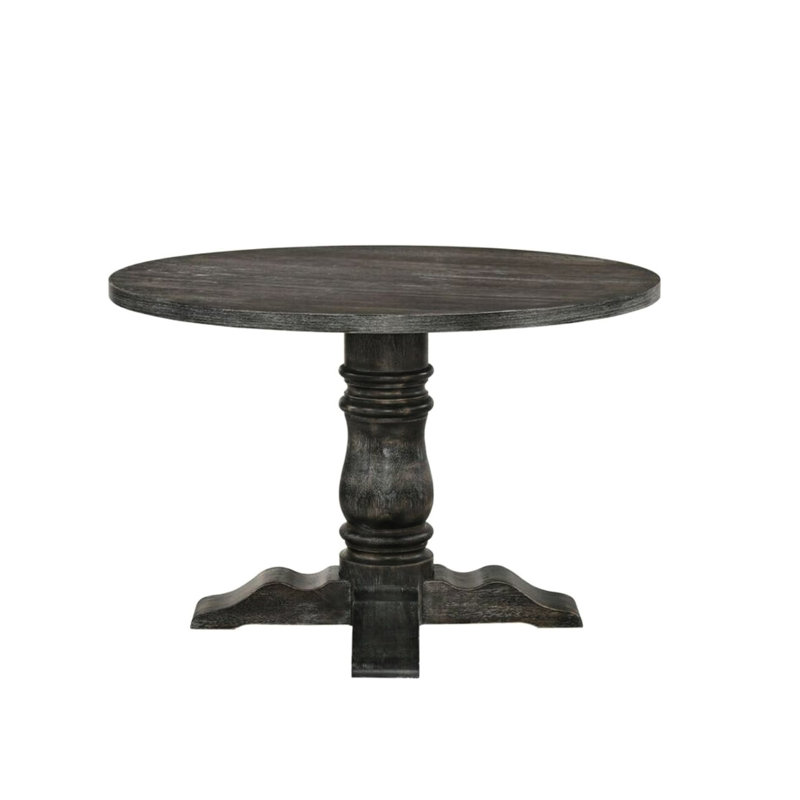 Table de salle à manger ronde avec esthétique grise patinée, conception à piédestal simple, fabrication en placage de chêne noueux, base colonne Empire de 14 po, profondeur de 47 po, largeur, hauteur de 36 po, 99 lb, idéale pour les espaces de 47 po x 47 po x 36 po
