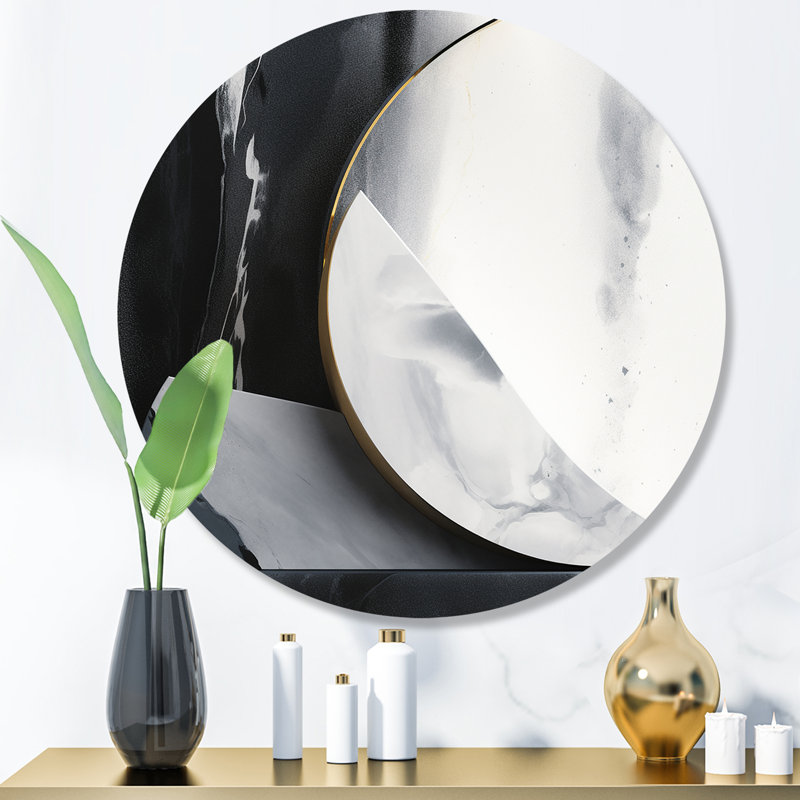 Harmonie de marbre noir et or noir II - art abstrait rond en marbre sur métal, H 16 po x l 16 po x P 1 po