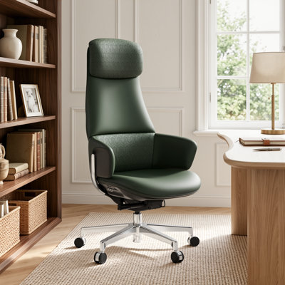 Top-Grain Genuine Leather High Back Executive Office Chair, Wide Wrapped Armrests, Height Adjustable Swivel Tilt Desk Chair (Green)