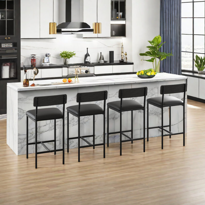 Bar Stools  With Footrest, Upholstered Bar Chairs With Back, Counter Height Barstools, Set Of 4, Black