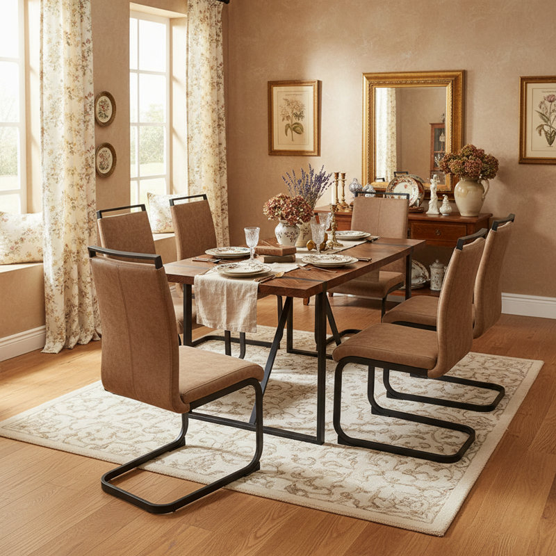 Ensemble de salle à manger moderne 5 pièces Ehlana avec table rectangulaire en grain de bois de 55 po et 6 chaises en cuir, 7