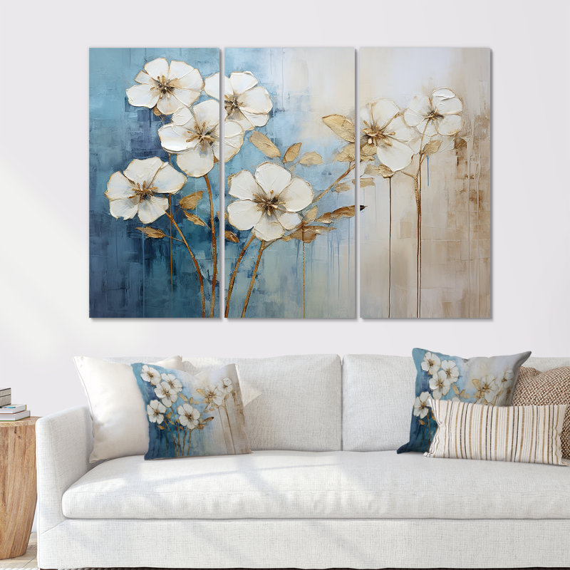 «Golden Blue Geraniums Bloom», ensemble d'art sur toile de géraniums, H 32 po x l 48 po x P 1 po