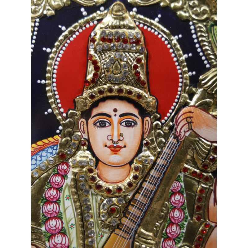 Devi Saraswati | Or 24 carats | Peinture encadrée de Tanjore
