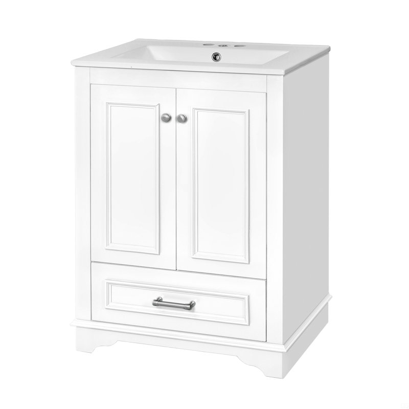 Defelice Bathroom Vanity With Ceramic Sink Combo, Freestanding Storage Cabinet With Handles, Soft Closing Doors, Silver, 24"