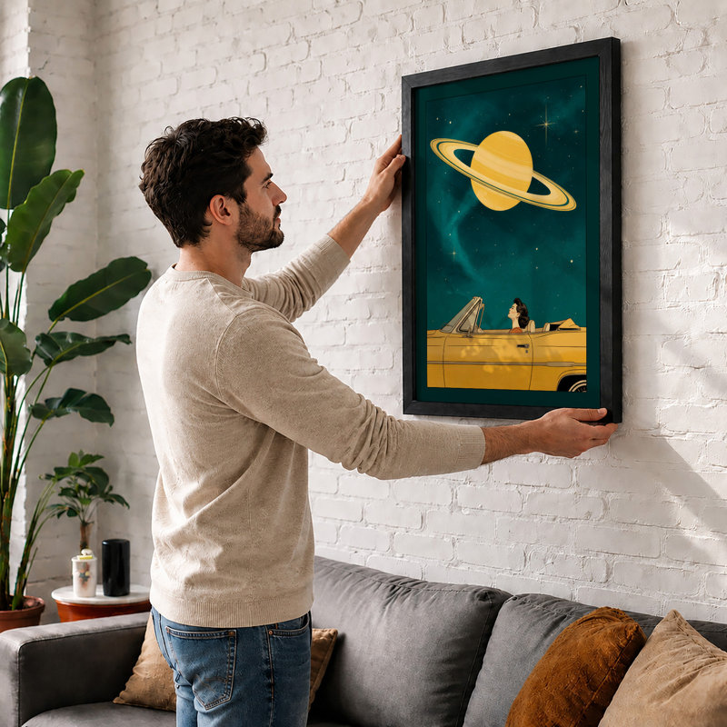 Saturn and the Yellow Convertible Retro - Framed Print, A2 - 59.4 x 42.0 cm, Black