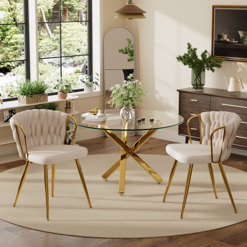 Ensemble repas rond, Beige, 3 pièces: table, 2 chaises, Doré