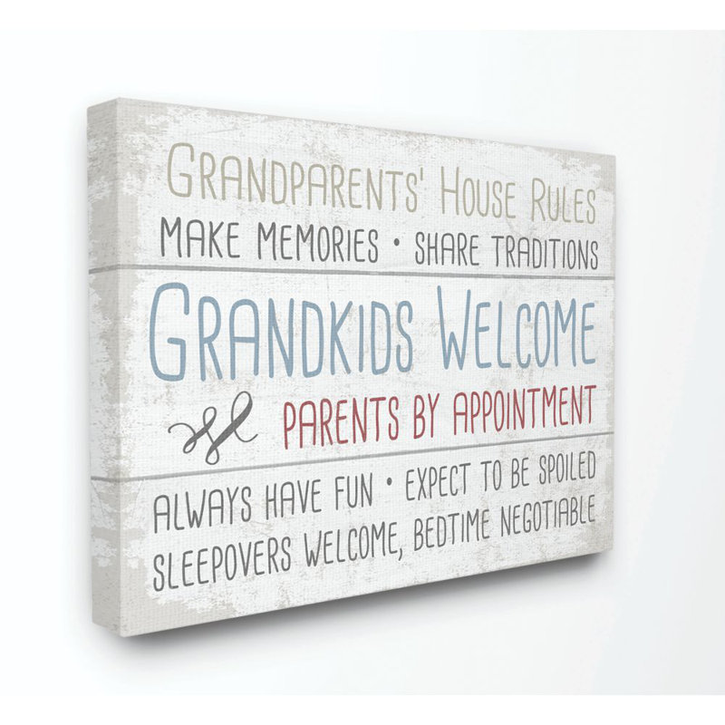 «Grandparents House Rules Type on Planks» par Daphne Polselli - impression d'art textuel, H 36 po x l 48 po, Toile tendue